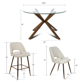 Oliver Glass Table, Edwin Walnut Dining Chair and Bar Stool, Dining Room Set of 7 The Pop Maison