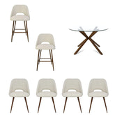 Oliver Glass Table, Edwin Walnut Dining Chair and Bar Stool, Dining Room Set of 7 The Pop Maison