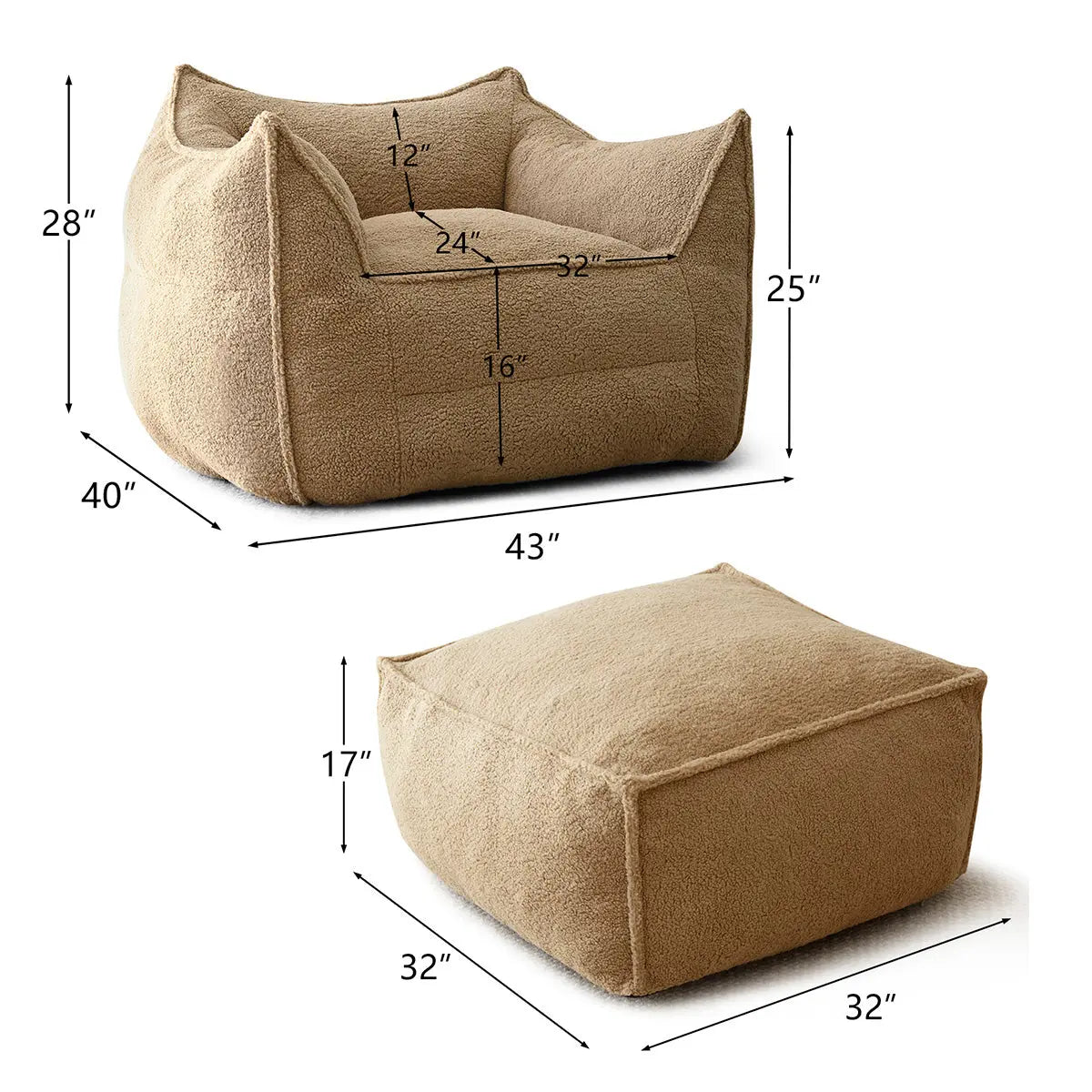 Boring Upholstered 2pcs Sofa Set, Teddy Fabric Bean Bag Sofa with Ottoman The Pop Maison