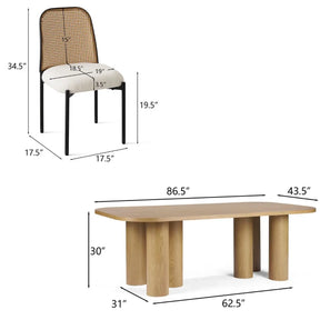 Baguette Baguette 62.5"White Oak Table & Milan Rattan Dining Chair, Mordern Dining Set for 6 - The Pop Maison