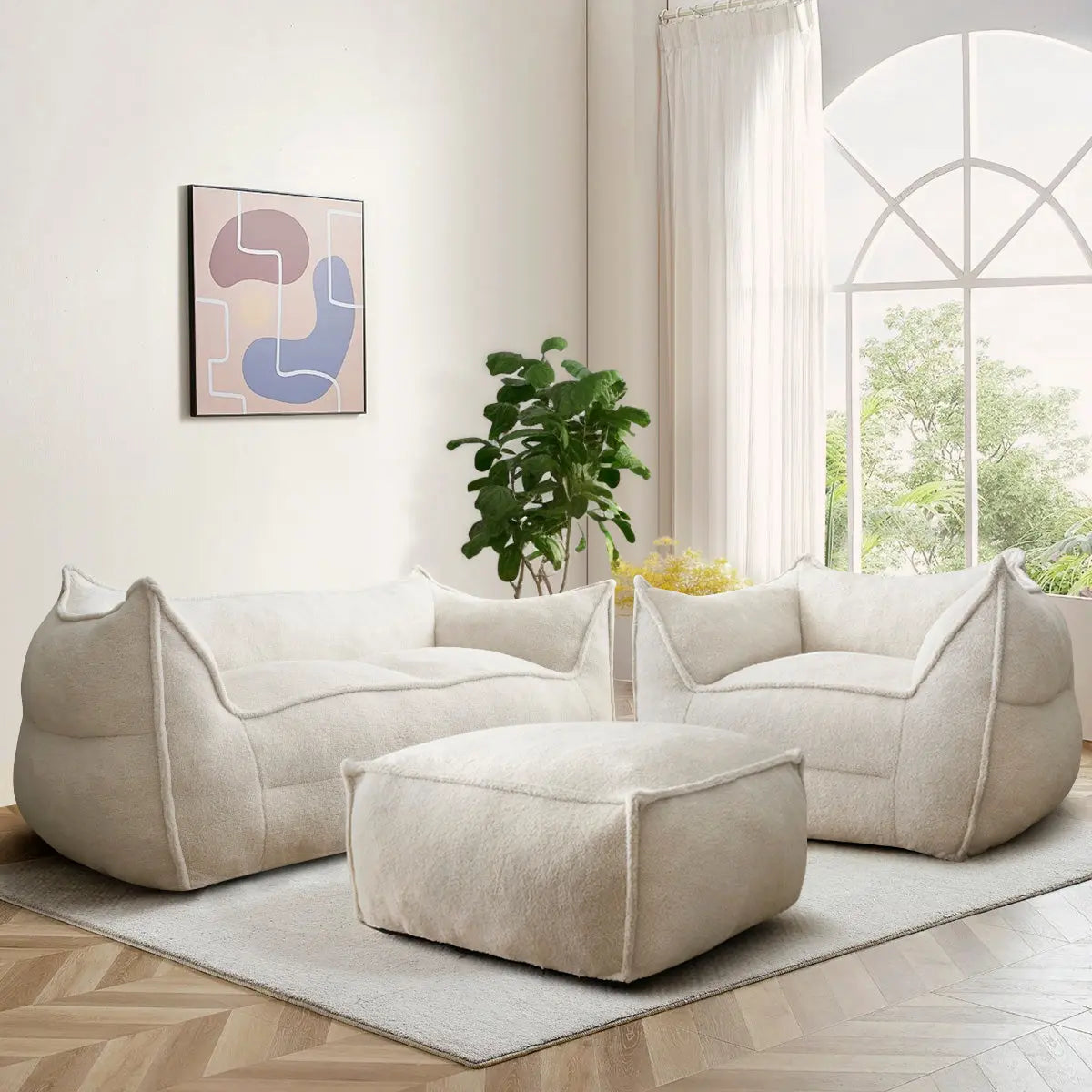 Boring Upholstered 3pcs Sofa Set, Teddy Fabric Bean Bag, Loveseat, Ottoman The Pop Maison