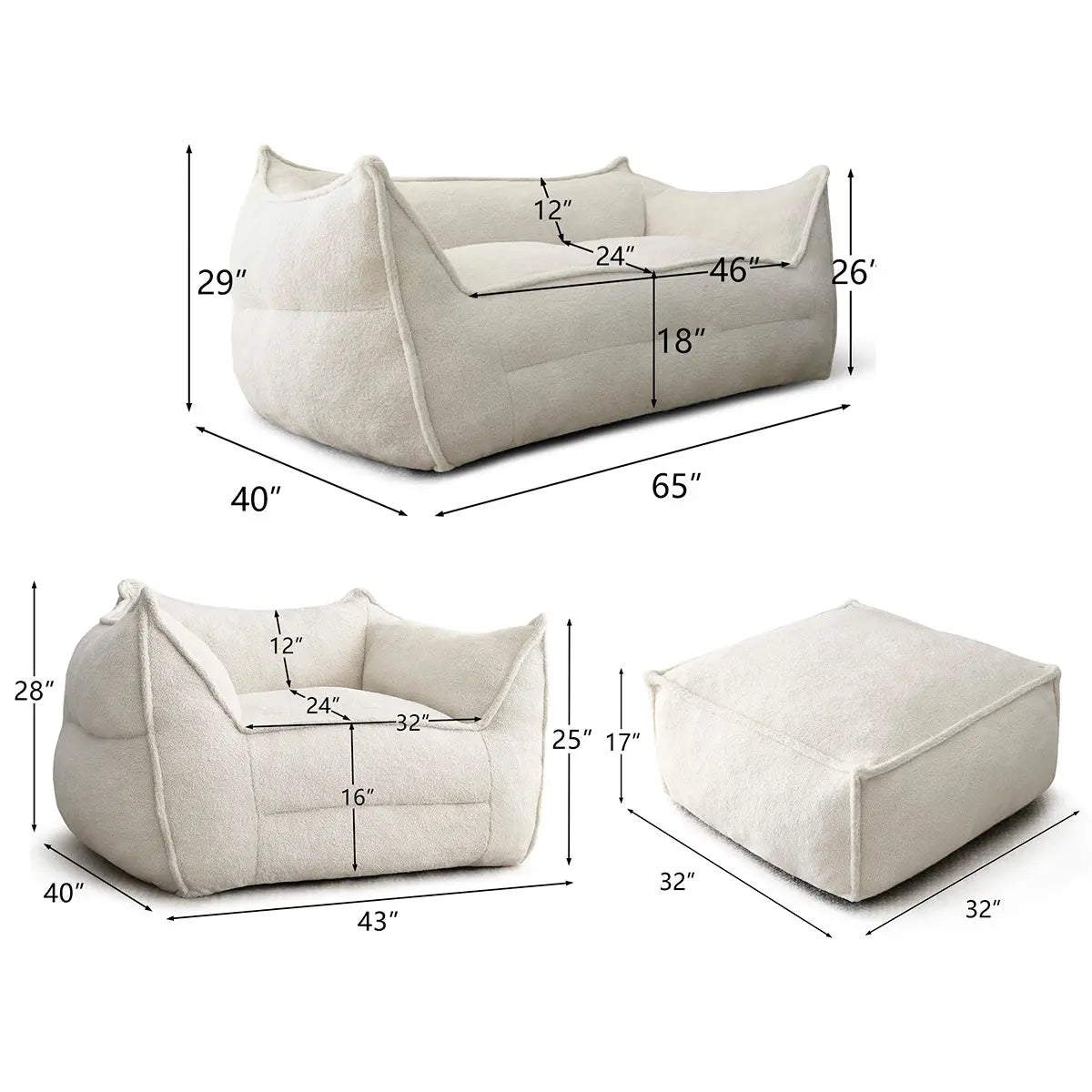 Boring Upholstered 3pcs Sofa Set, Teddy Fabric Bean Bag, Loveseat, Ottoman The Pop Maison