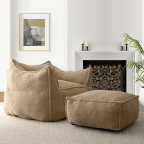 Boring Upholstered 2pcs Sofa Set, Teddy Fabric Bean Bag Sofa with Ottoman The Pop Maison