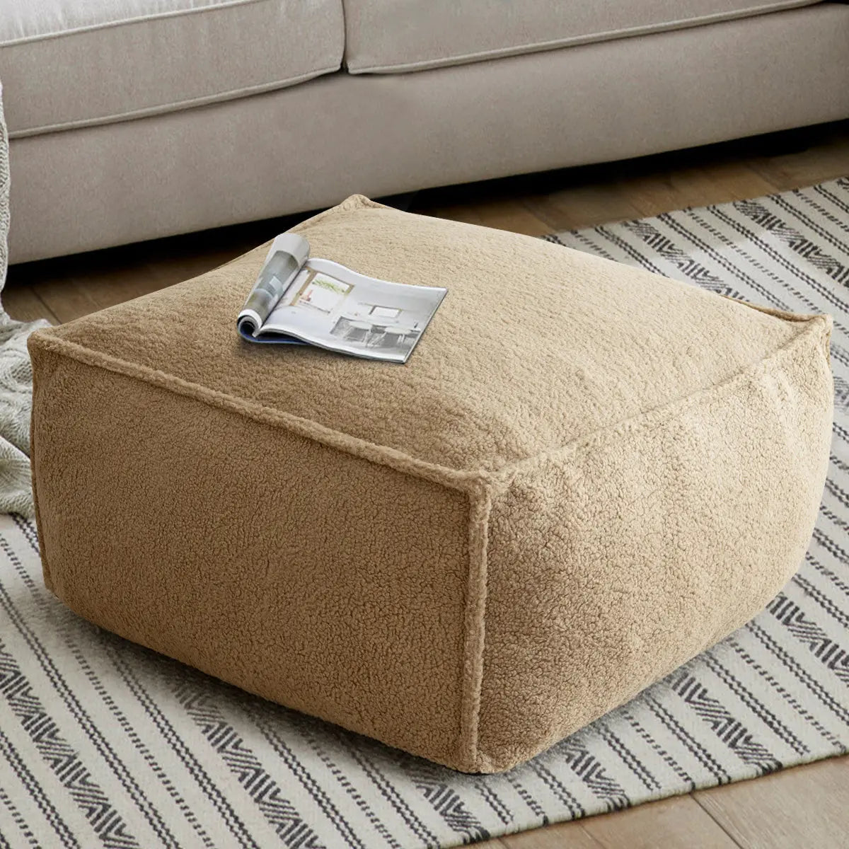 Boring 32" Upholstered Teddy Fabric Bean Bag Ottoman The Pop Maison