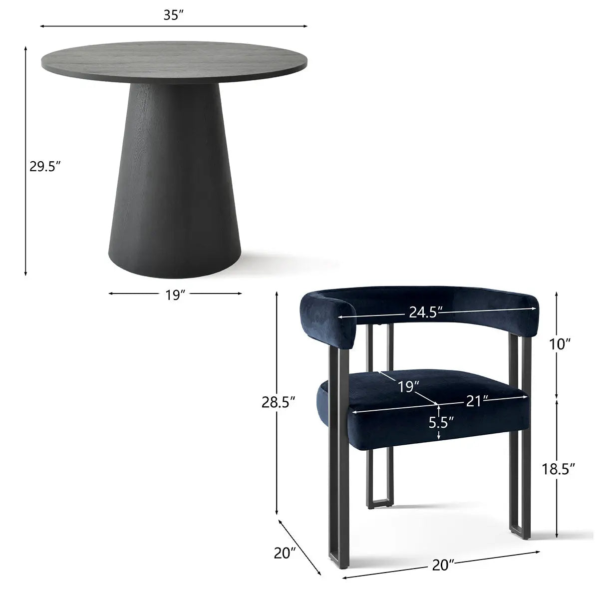 Dwen 35" Chic Black Round Dining Set for 2, With Luxurious Mia Velvet Armchair - Contemporary Design for Small Spaces The Pop Maison