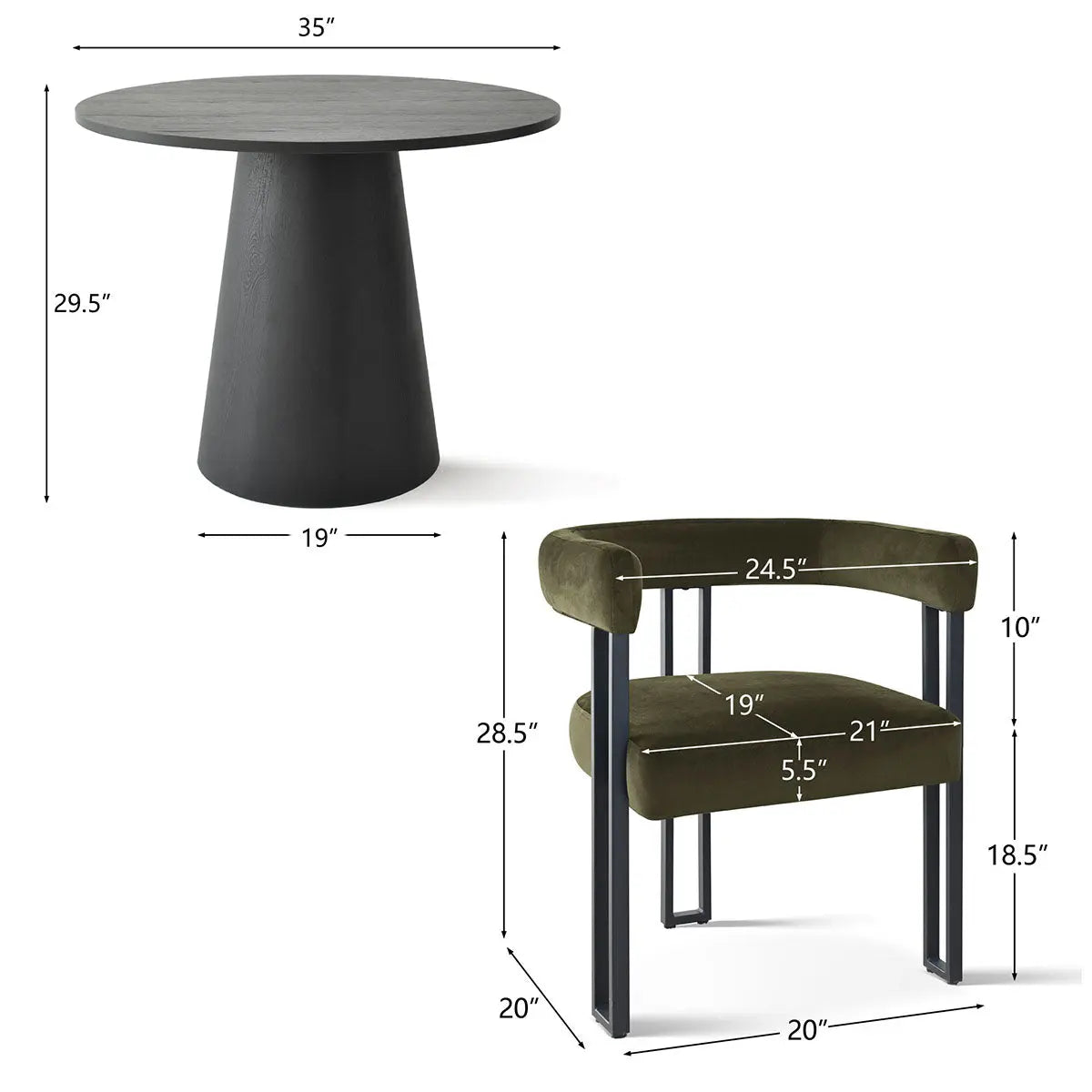 Dwen 35" Chic Black Round Dining Set for 2, With Luxurious Mia Velvet Armchair - Contemporary Design for Small Spaces The Pop Maison