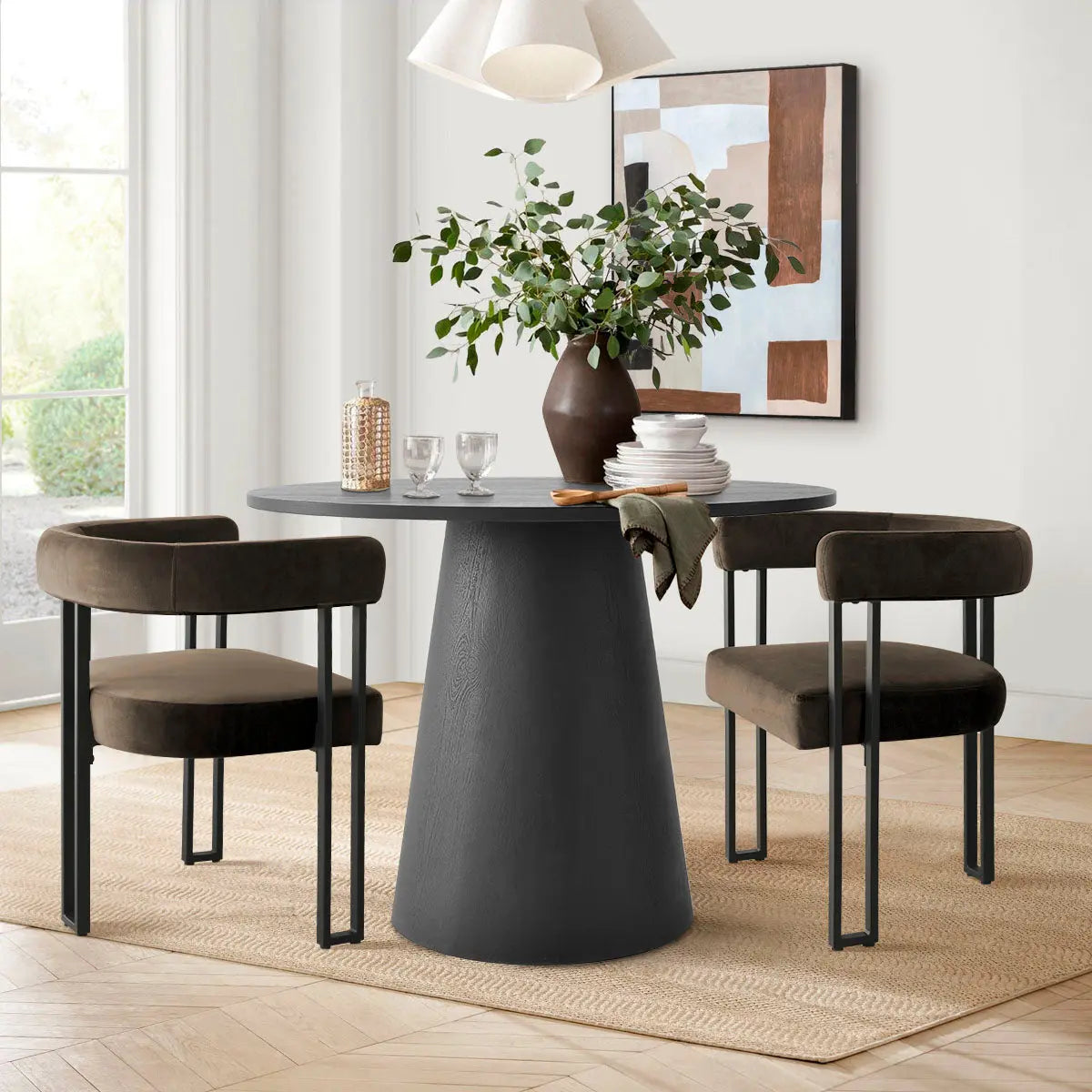 Dwen 35" Chic Black Round Dining Set for 2, With Luxurious Mia Velvet Armchair - Contemporary Design for Small Spaces The Pop Maison