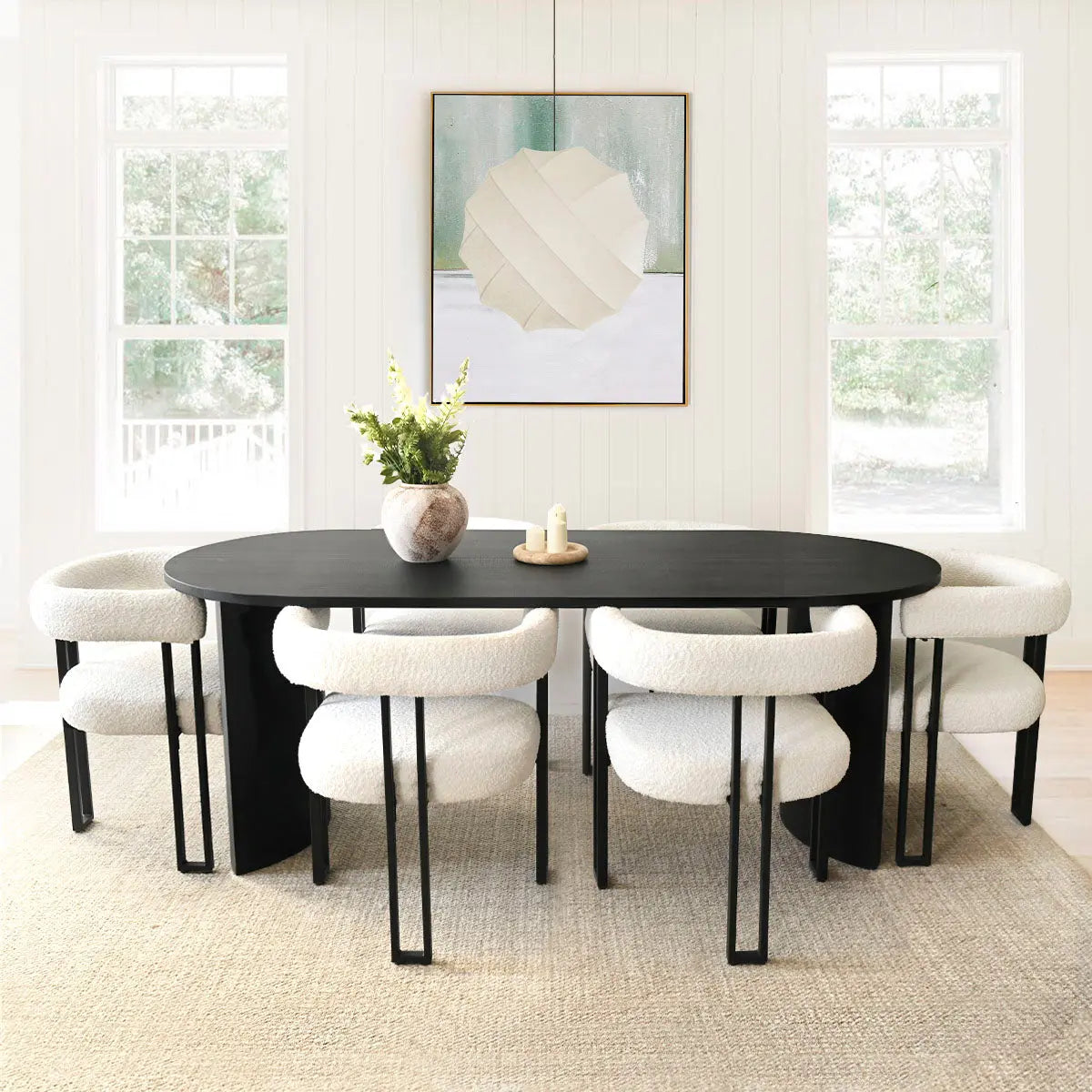 Contemporary Elegance in Dwen 79" Oval Dining Table & Mia Sherpa Dining Chair - Stylish, Modern 6-Seater Round Dining Set The Pop Maison