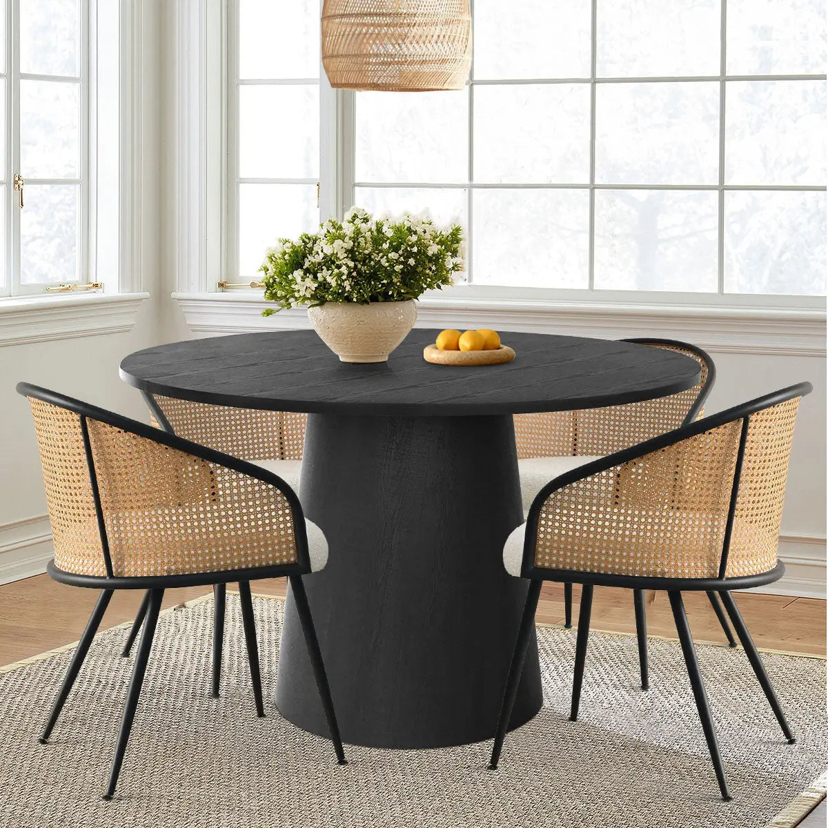 Dwen 46" Table & Jules Dining Chairs with Armrest, Round Pedestal Dining Table Set for 4 - The Pop Maison