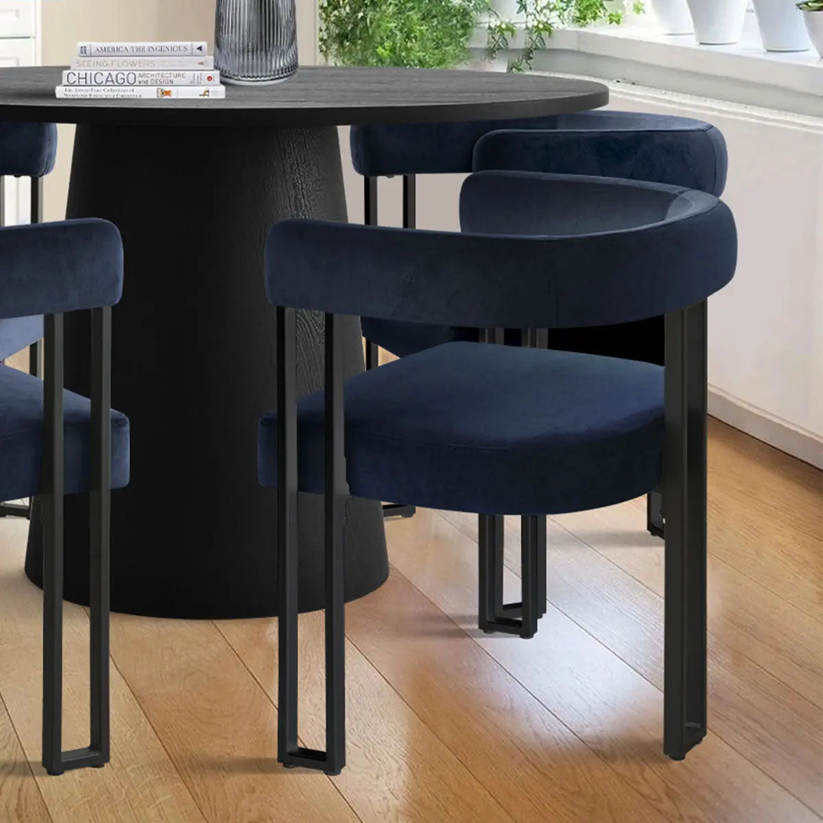 Ultra-modern 46” Dwen Solid Black Table & Plush Mia Velvet Dining Chair - Stylish, Robust 4-Seat Pedestal Round Dining Set for Contemporary Homes The Pop Maison