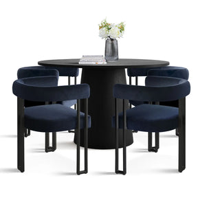 Ultra-modern 46” Dwen Solid Black Table & Plush Mia Velvet Dining Chair - Stylish, Robust 4-Seat Pedestal Round Dining Set for Contemporary Homes The Pop Maison