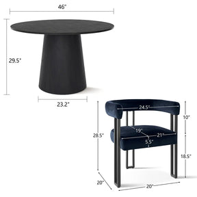 Ultra-modern 46” Dwen Solid Black Table & Plush Mia Velvet Dining Chair - Stylish, Robust 4-Seat Pedestal Round Dining Set for Contemporary Homes The Pop Maison