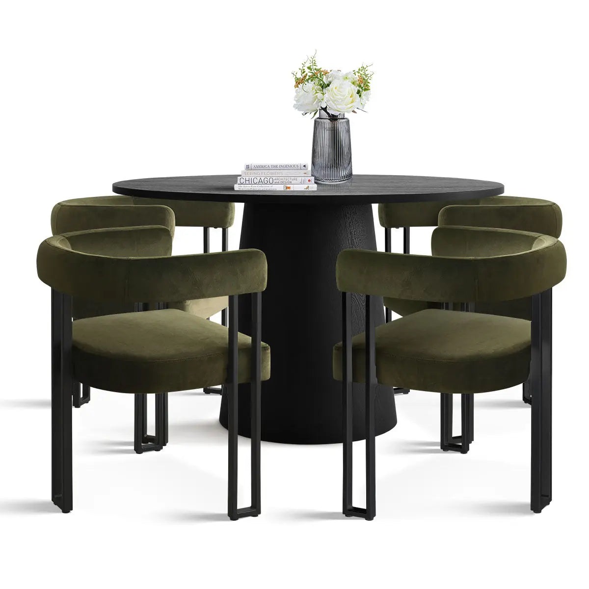 Ultra-modern 46” Dwen Solid Black Table & Plush Mia Velvet Dining Chair - Stylish, Robust 4-Seat Pedestal Round Dining Set for Contemporary Homes The Pop Maison