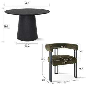 Ultra-modern 46” Dwen Solid Black Table & Plush Mia Velvet Dining Chair - Stylish, Robust 4-Seat Pedestal Round Dining Set for Contemporary Homes The Pop Maison