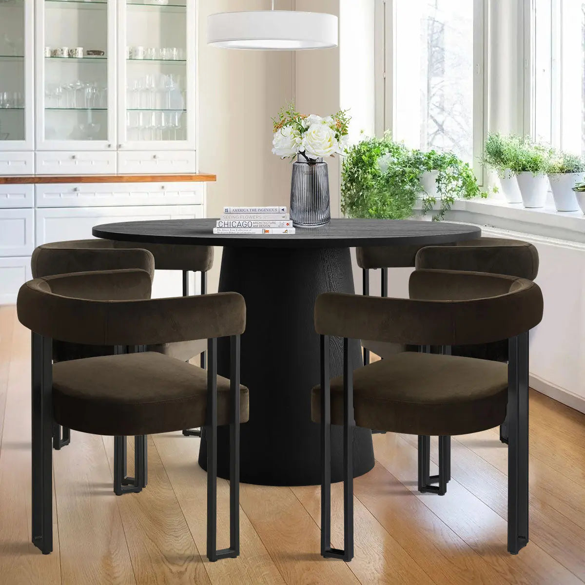 Ultra-modern 46” Dwen Solid Black Table & Plush Mia Velvet Dining Chair - Stylish, Robust 4-Seat Pedestal Round Dining Set for Contemporary Homes The Pop Maison