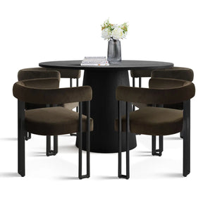 Ultra-modern 46” Dwen Solid Black Table & Plush Mia Velvet Dining Chair - Stylish, Robust 4-Seat Pedestal Round Dining Set for Contemporary Homes The Pop Maison