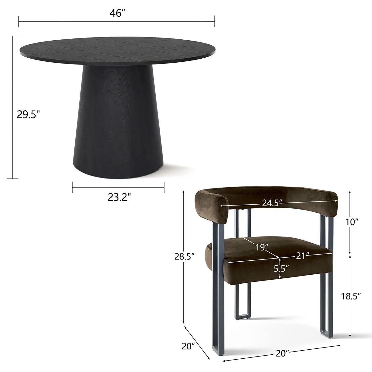 Ultra-modern 46” Dwen Solid Black Table & Plush Mia Velvet Dining Chair - Stylish, Robust 4-Seat Pedestal Round Dining Set for Contemporary Homes The Pop Maison