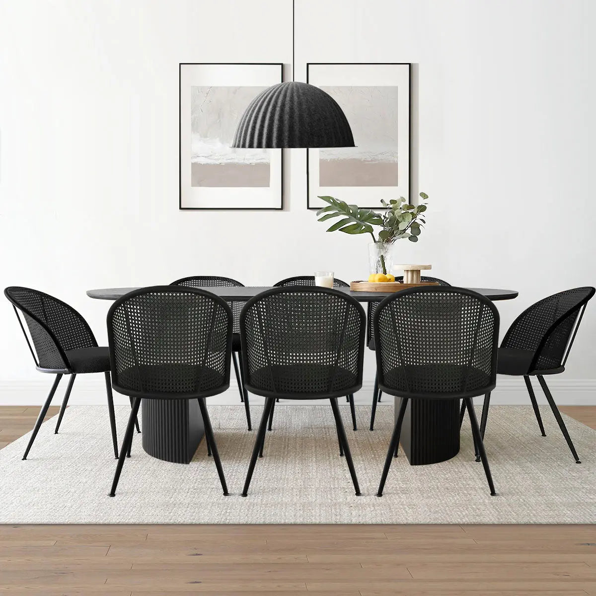 Dwen 79" Roman Pillar Oval Dining Table & Jules Black 9 Piece Modern Dining Set The Pop Maison