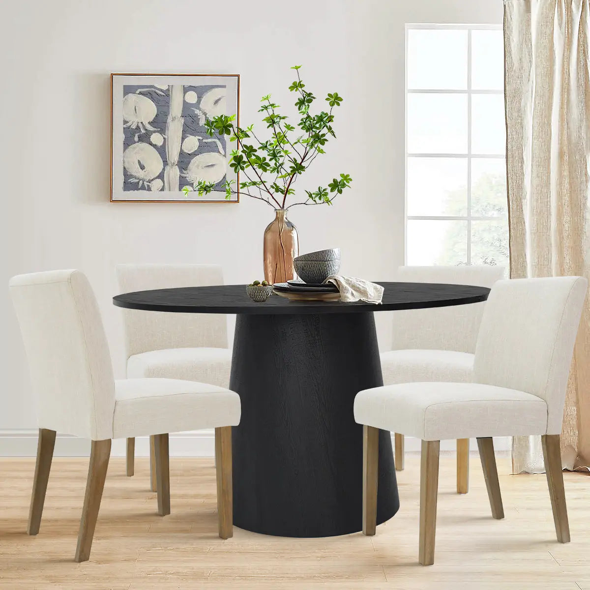 Saigong 42" White Oak Modern Elegance: Round Table & North Dining Chairs, Detail-Oriented 4-Seater Dining Set The Pop Maison