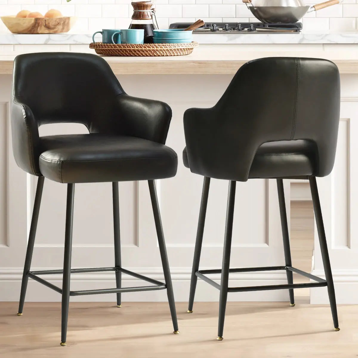 Edward Counter Stool, Faux Leather Seat with Armrest, Stools with Black Metal Legs, A Stool Set of 2