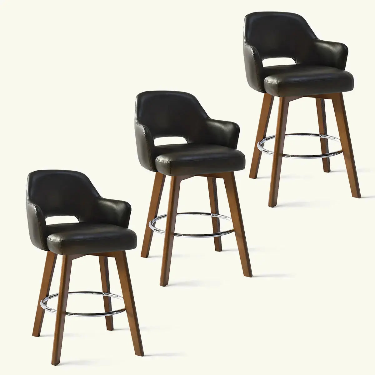 Edward 360° Swivel Bar Stool with Arms, Faux Leather Seat with Backrest, Stable Wooden Legs - The Pop Maison