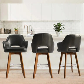 Edward 360° Swivel Bar Stool with Arms, Faux Leather Seat with Backrest, Stable Wooden Legs - The Pop Maison