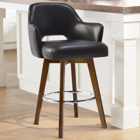 Edward 360° Swivel Bar Stool with Arms, Faux Leather Seat with Backrest, Stable Wooden Legs