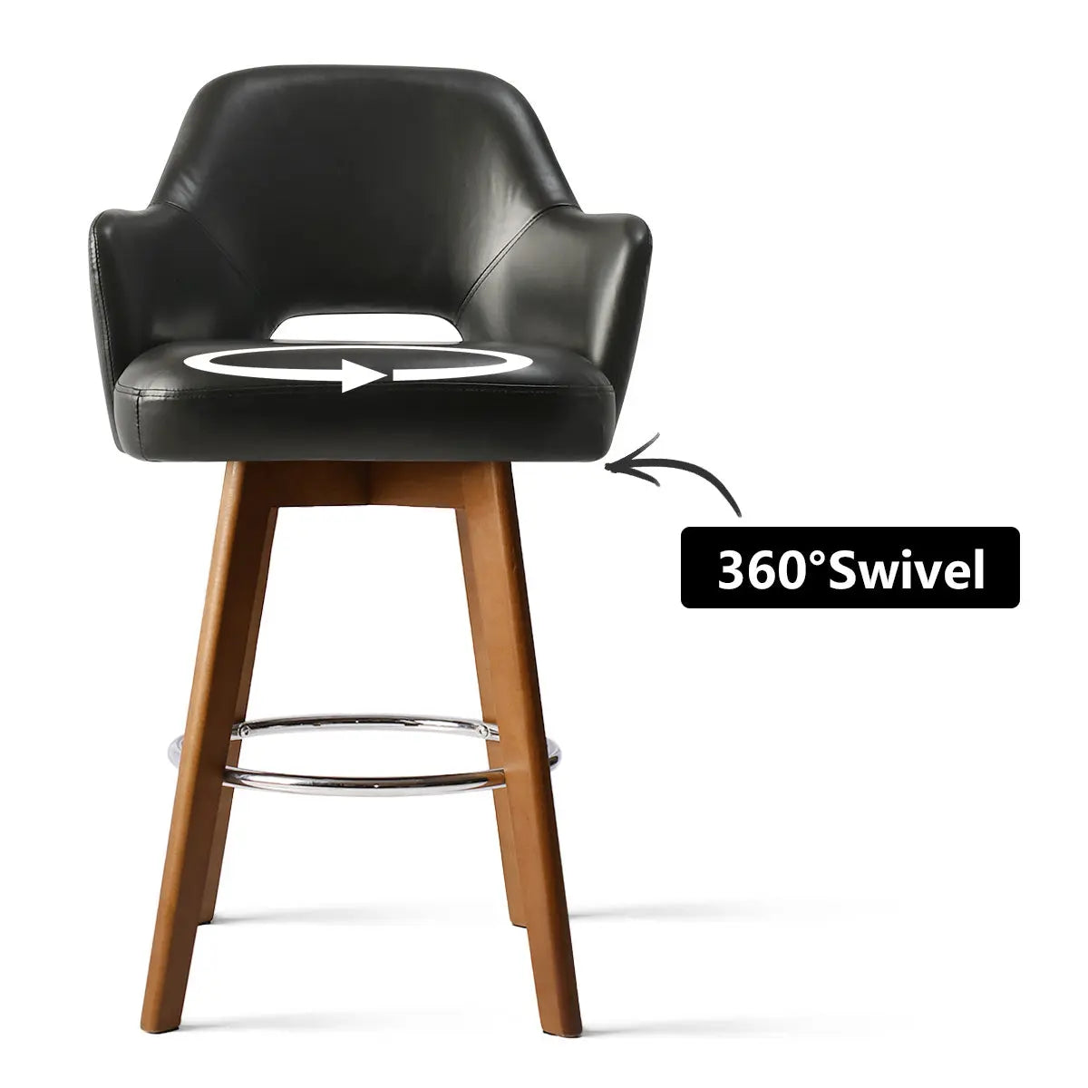 Edward 360° Swivel Bar Stool with Arms, Faux Leather Seat with Backrest, Stable Wooden Legs - The Pop Maison