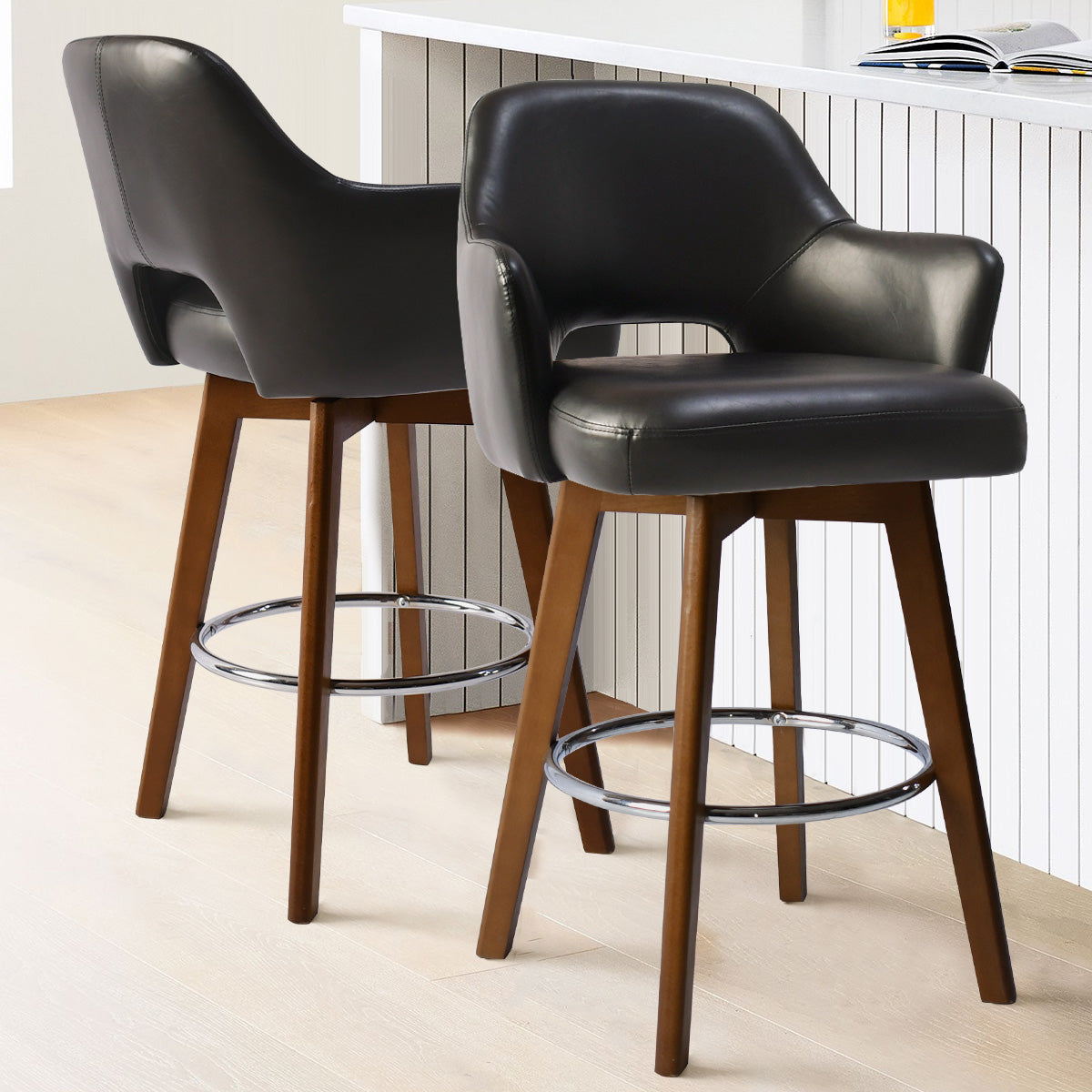 Edward 360° Swivel Bar Stool with Arms, Faux Leather Seat with Backrest, Stable Wooden Legs - The Pop Maison