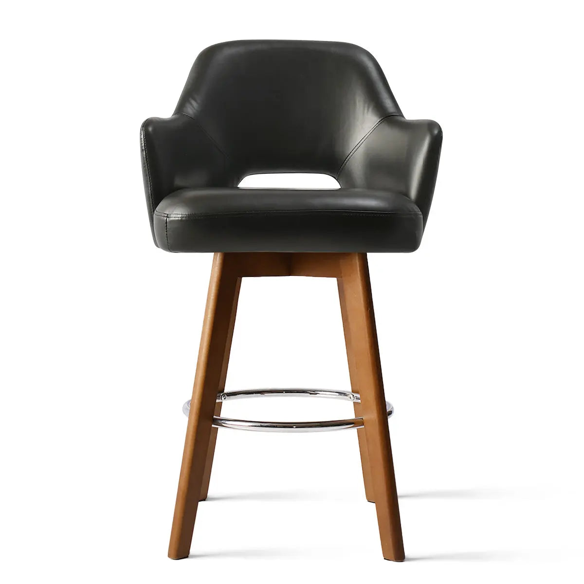 Edward 360° Swivel Bar Stool with Arms, Faux Leather Seat with Backrest, Stable Wooden Legs