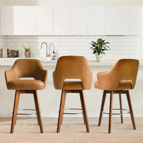 Edward 360° Swivel Bar Stool with Arms, Faux Leather Seat with Backrest, Stable Wooden Legs - The Pop Maison