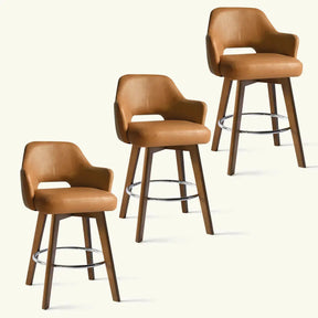 Edward 360° Swivel Bar Stool with Arms, Faux Leather Seat with Backrest, Stable Wooden Legs - The Pop Maison