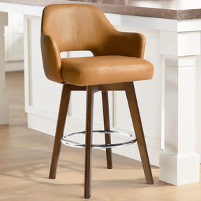 Edward 360° Swivel Bar Stool with Arms, Faux Leather Seat with Backrest, Stable Wooden Legs