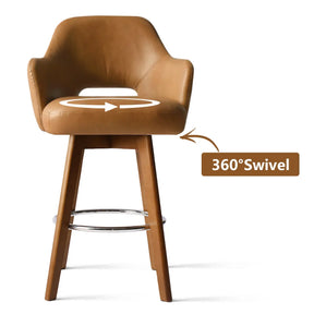 Edward 360° Swivel Bar Stool with Arms, Faux Leather Seat with Backrest, Stable Wooden Legs