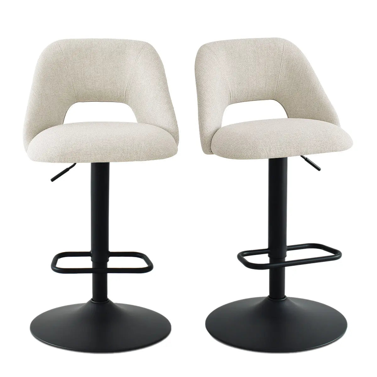 Edwin Bar Height Ajustable, Swivel Stool, Metal Stool with Beige Linen Upholstered Seat, Set of 2