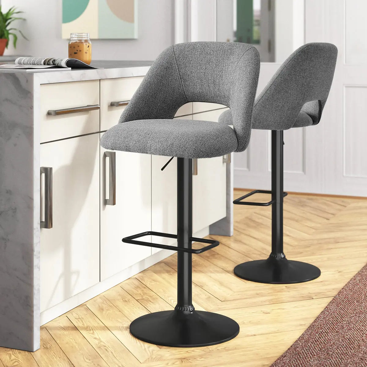 Edwin Bar Height Ajustable, Swivel Stool, Metal Stool with Beige Linen Upholstered Seat, Set of 2