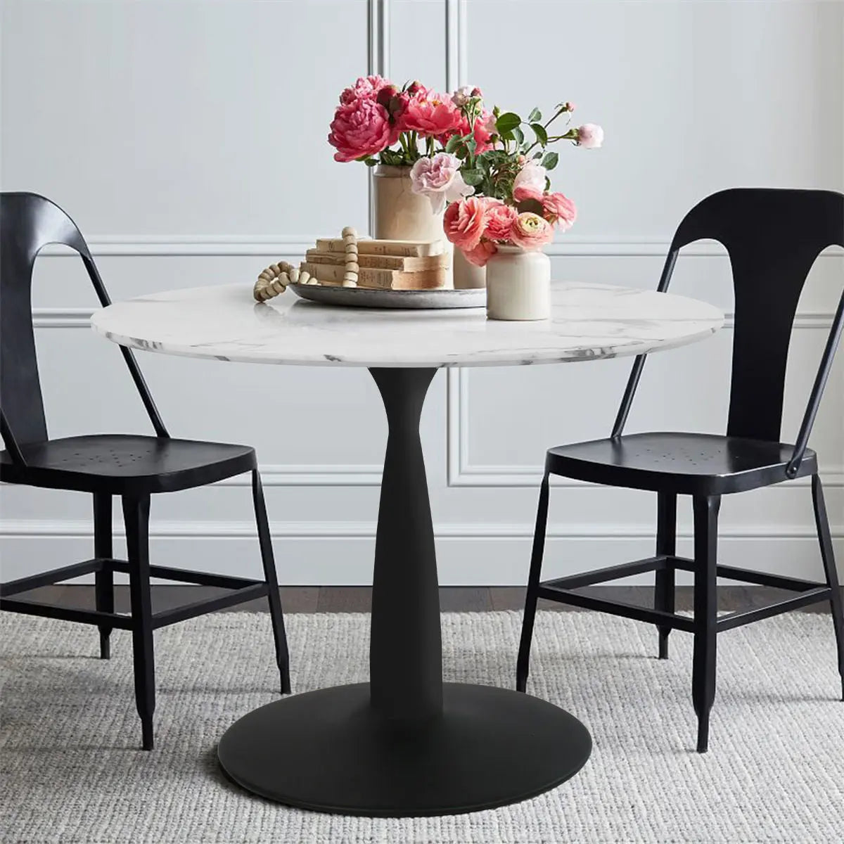 Harris Round Artificial Marble Top Dining Table, showcasing a sleek pedestal design for contemporary homes