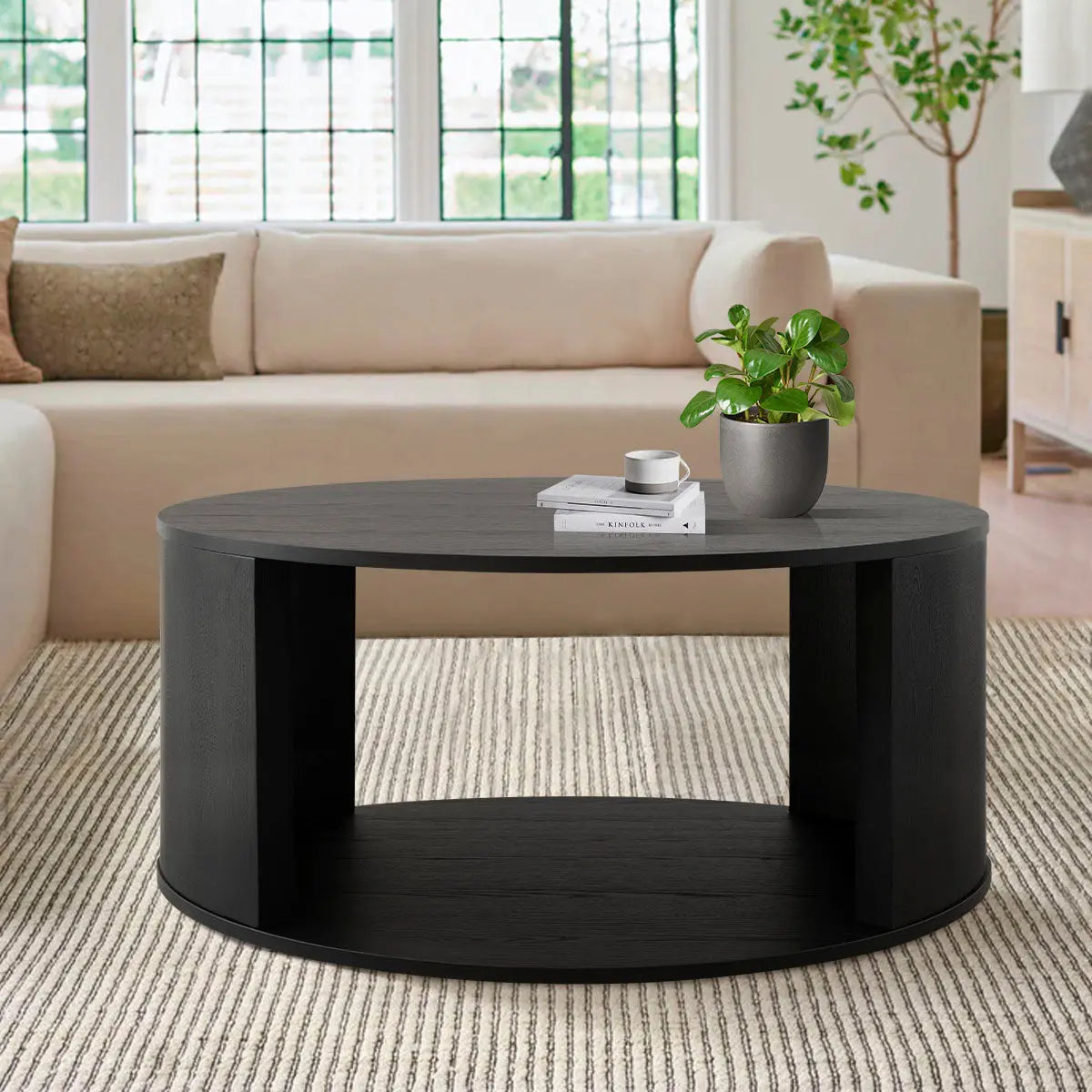 Hobo Round 40" Black Wooden Coffee Table The Pop Maison