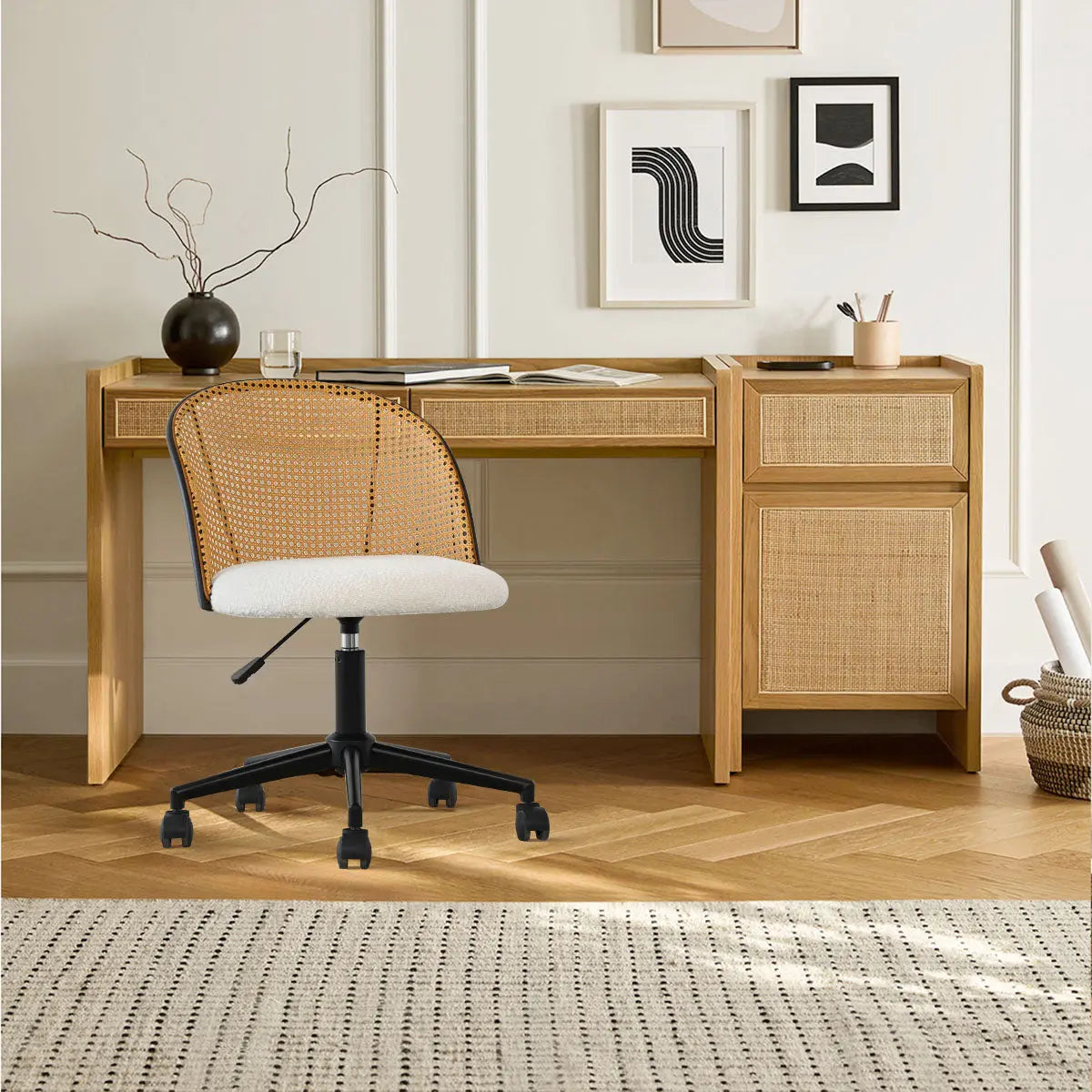 Jules Boucle Rattan Task Chair, Swival Office Chair - The Pop Maison