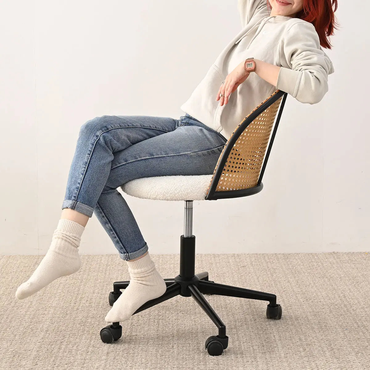 Jules Boucle Rattan Task Chair, Swival Office Chair - The Pop Maison