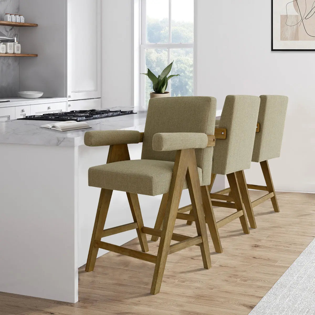 Morgan 25.5"H OAK Counter Stool with Arms (Set of 3) The Pop Maison