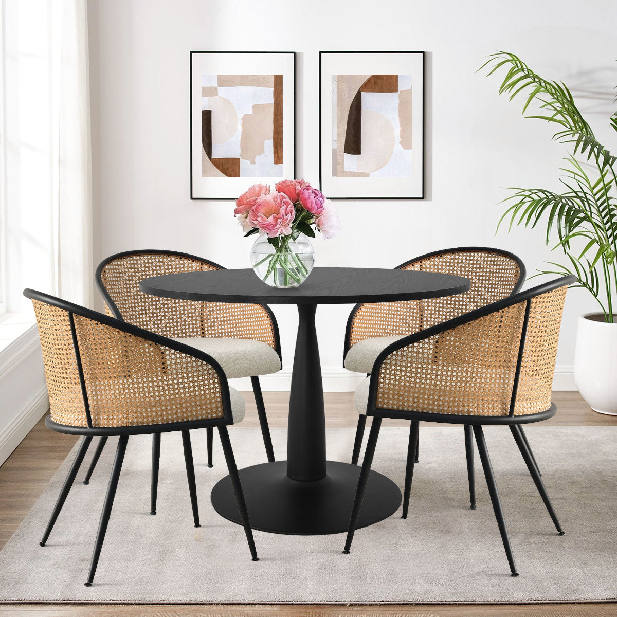 New Haven 35" Dining Table & Jules Dining Chairs with Armrest, 5 Piece Round Dining Table Set - The Pop Maison