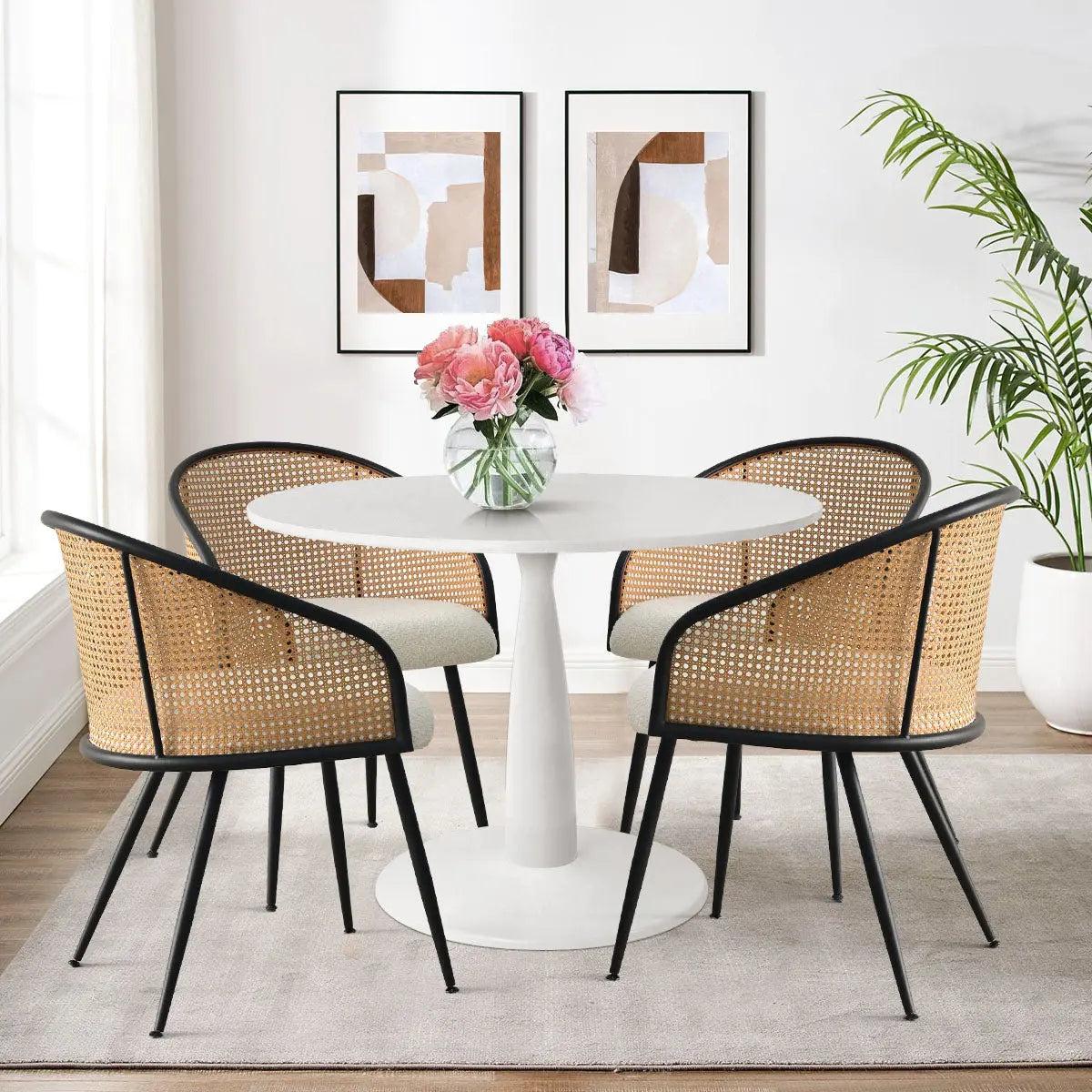New Haven 35" Dining Table & Jules Dining Chairs with Armrest, 5 Piece Round Dining Table Set - The Pop Maison