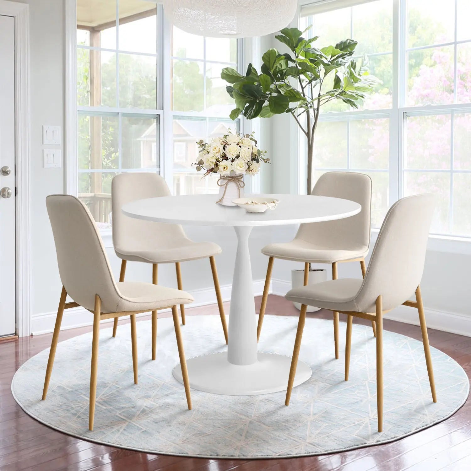 New Haven 35" White Table & Oslo Oak Leg Chair 5pcs Dining Set The Pop Maison