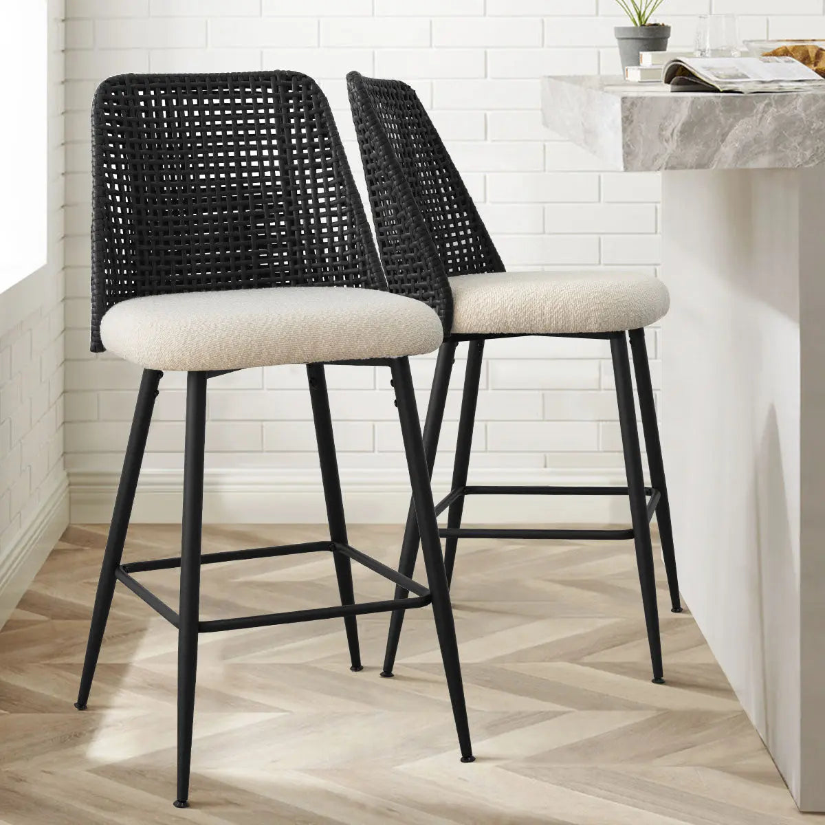 Nice Boucle Stool with Rattan Backrest(Set Of 4) The Pop Maison