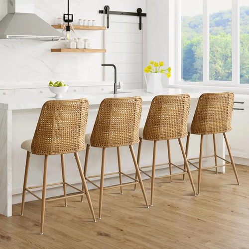 Charming Boucle Stool with Rattan Backrest - Eight Piece Set