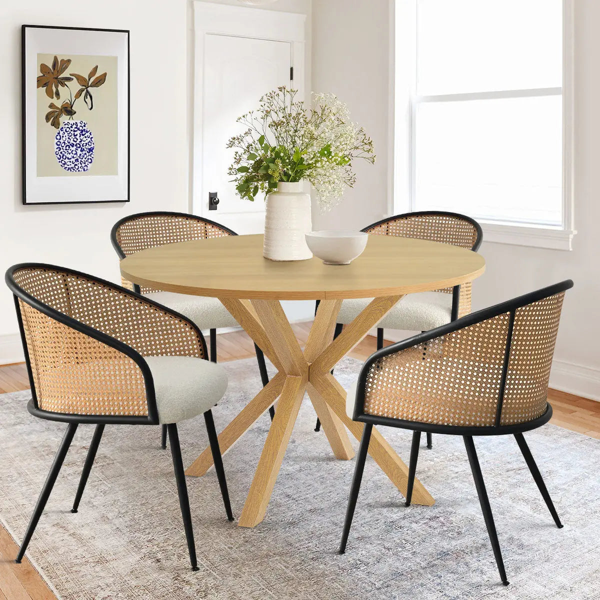 Oliver 39" Pedestal Dining Table & Jules Dining Chairs with Armrest, 5 Piece Round Dining Set - The Pop Maison