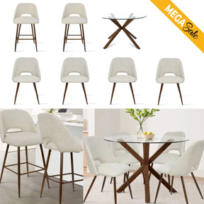 Oliver Glass Table, Edwin Walnut Dining Chair and Bar Stool, Dining Room Set of 7 The Pop Maison