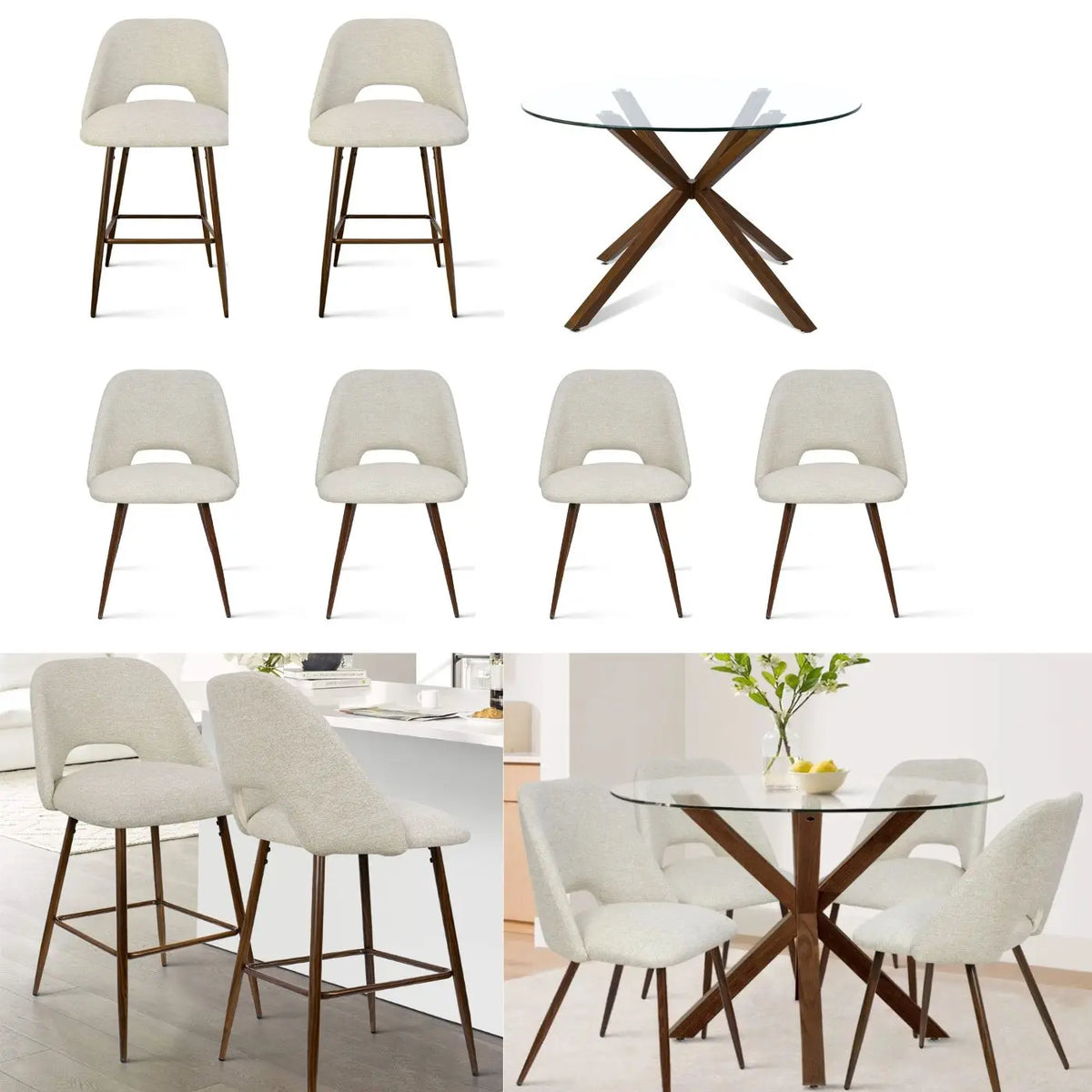 Oliver Glass Table, Edwin Walnut Dining Chair and Bar Stool, Dining Room Set of 7 The Pop Maison