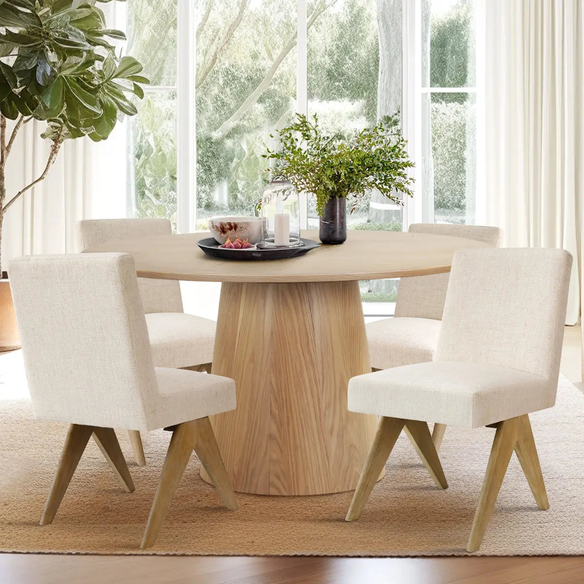 Orchid 52" Solid Oak Table & Morgan Oak Dining Chair, Round Dining Table Set for 4 The Pop Maison